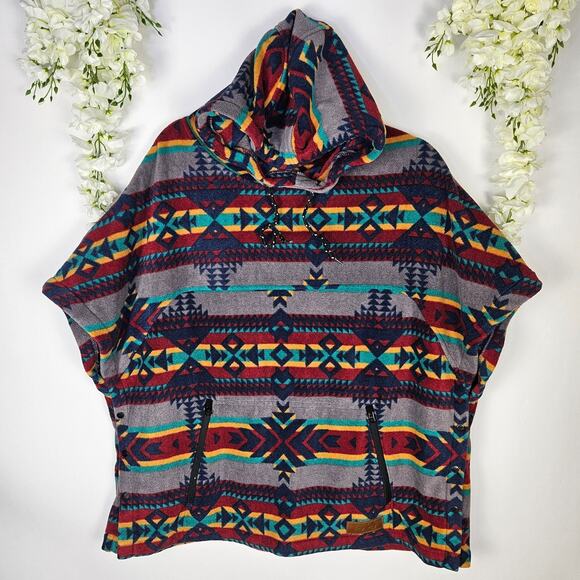 KAVU Overlook Polar Fleece Poncho Hoodie Aztec Cozy Oversize Southwestern Medium - Picture 3 of 12
